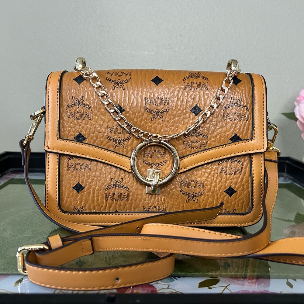 MCM Cognac Logo Leather 3- way Crossbody w/Twist Lock Closure & Removable Strap